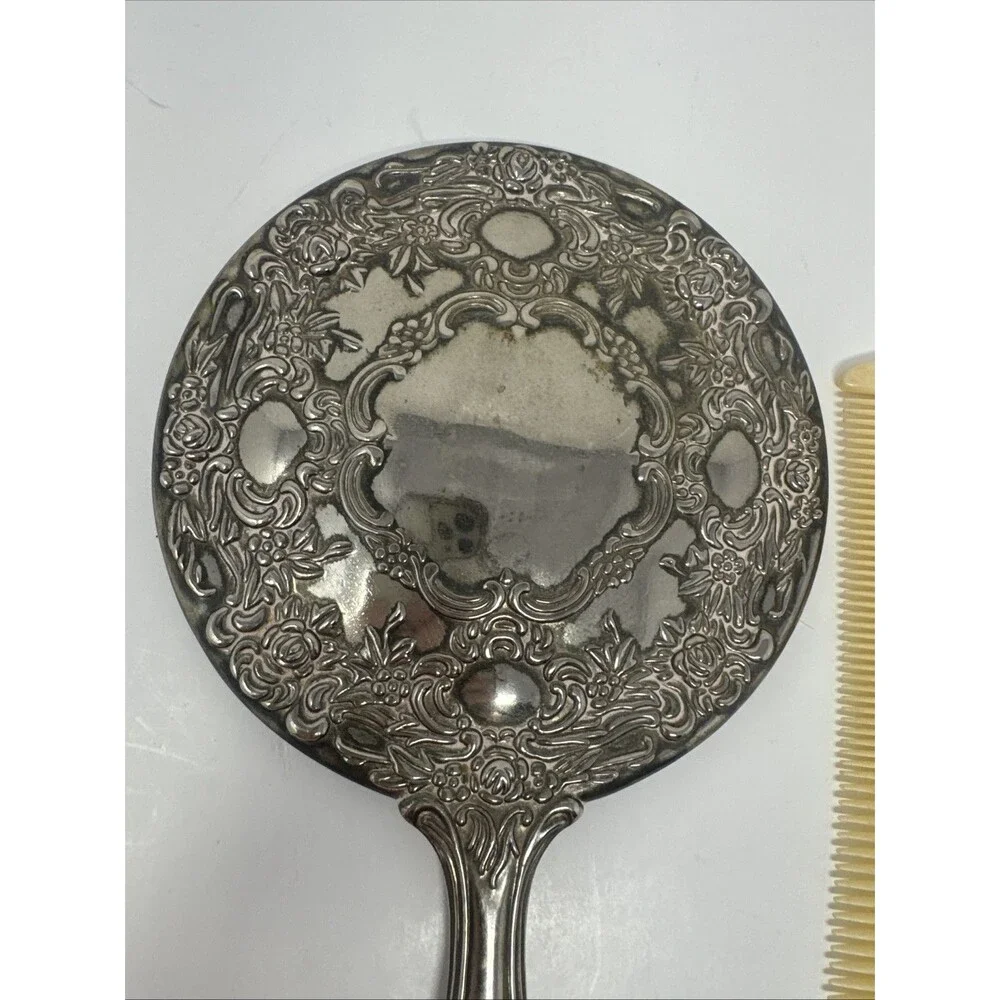 Silver Plated Vanity Set Vtg Hand Mirror Hair Brush Comb Victorian Art Nouveau